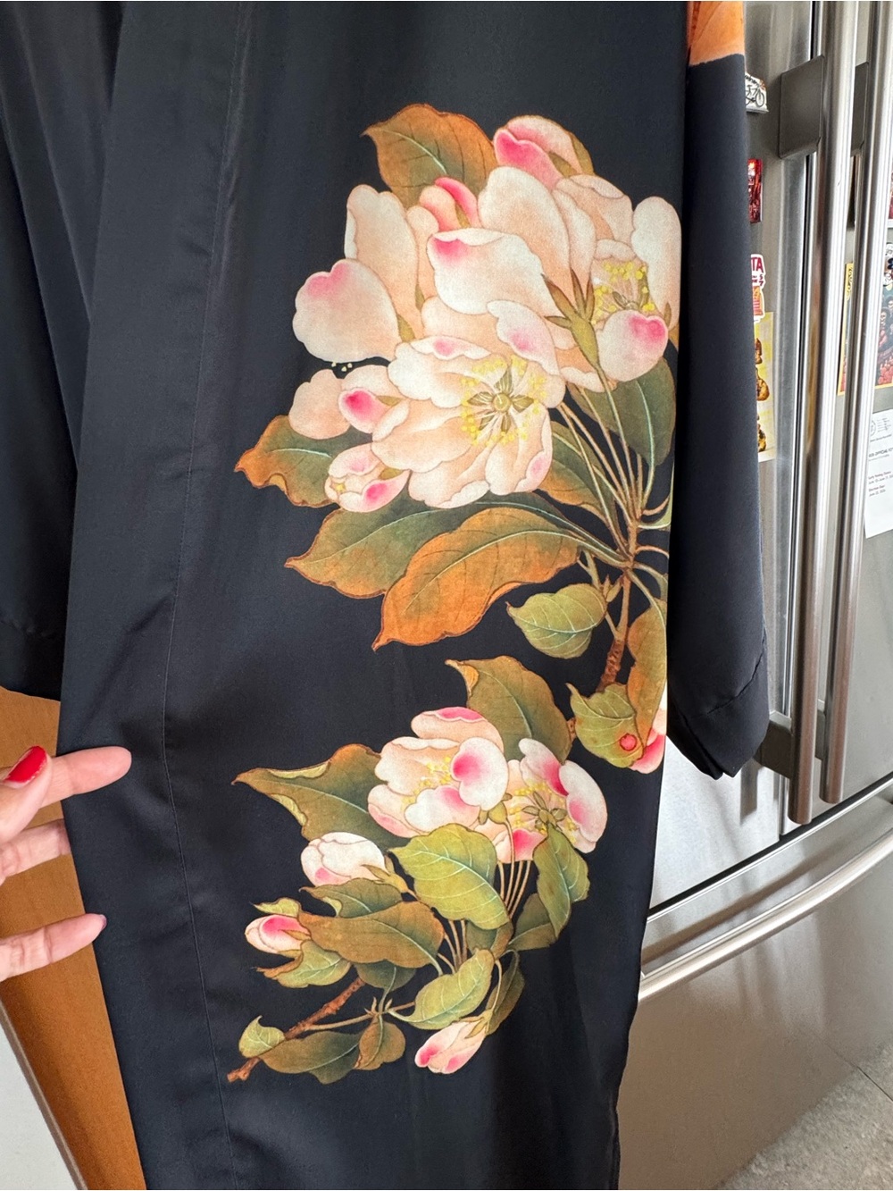 Black Peony Satin Kimono Robe with Butterfly Accents - Picture 2 of 6